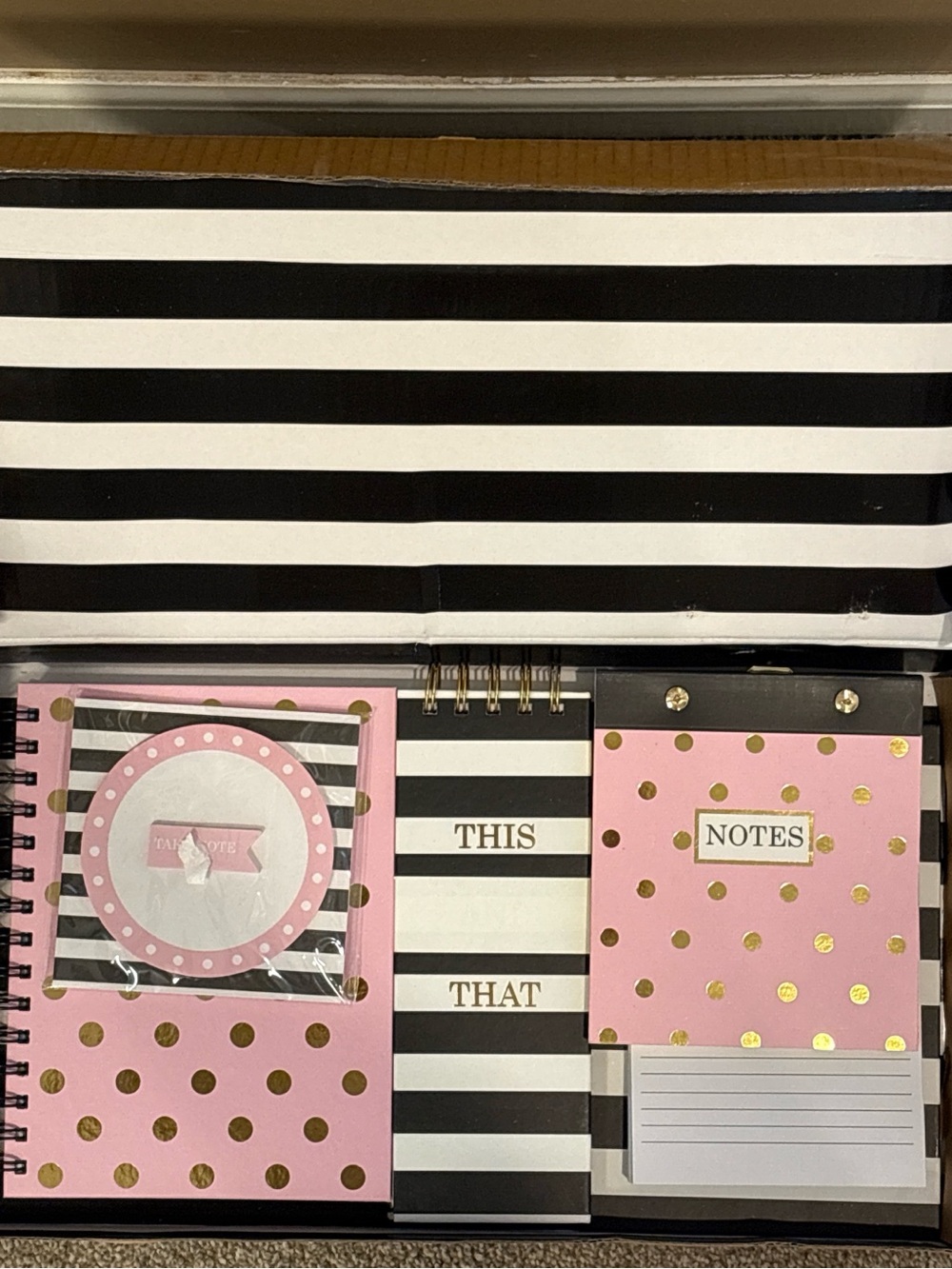 Pink & Black Striped Desk Notebook Set with Gold Accents